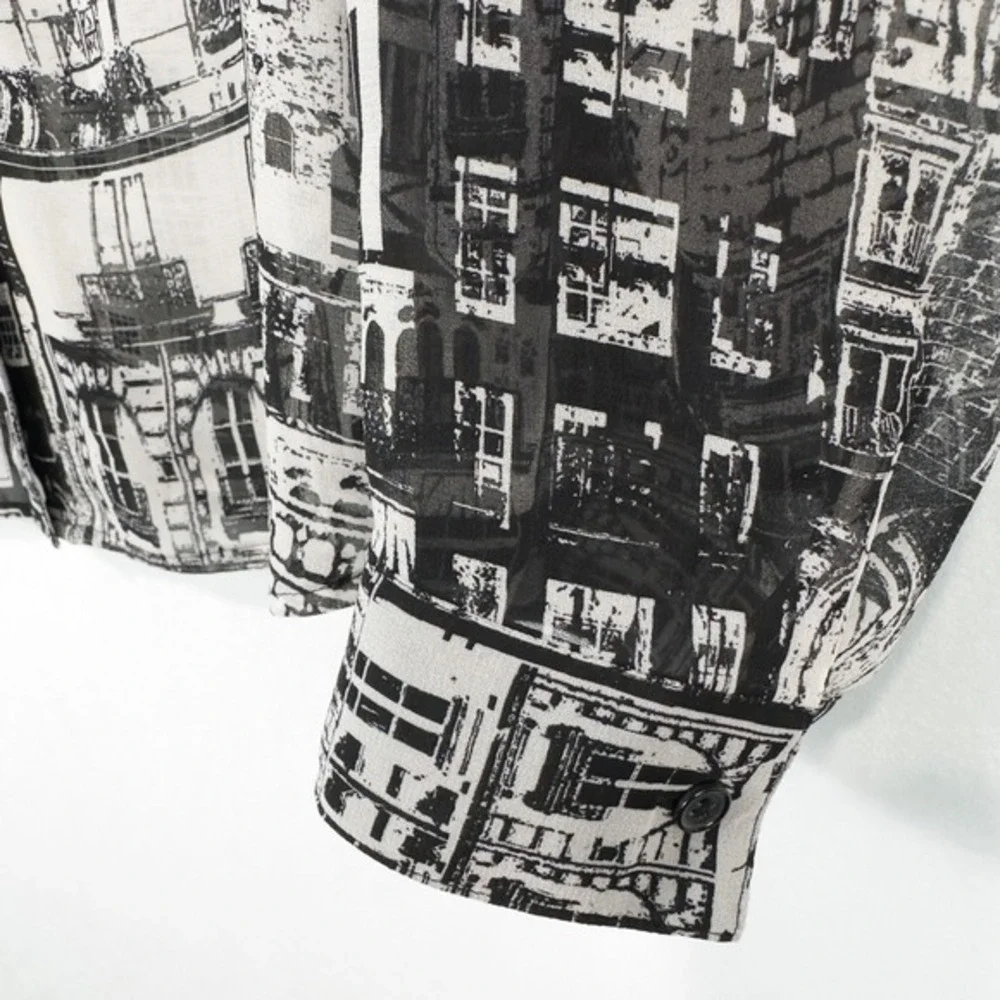 Chicos Cityscape Sheer Chiffon Button Shirt 3 (XL)‎ Monochrome Urban Retro Artsy - Picture 6 of 16